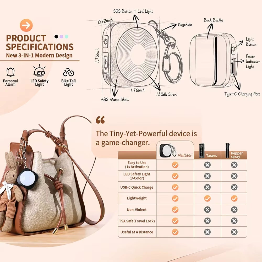 2 in 1 Personal Safety Alarm + LED Emergency Night Light 130Db Type-C Charging Self Defense Alarm with Key Chain Press Tap Alarm