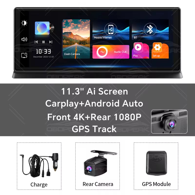 K2 Pro 11.3" Car DVR 4K Camera Wireless Carplay Android Auto Ai Screen Dash Cam Dual Len Video Recorder GPS Navigation Dashboard