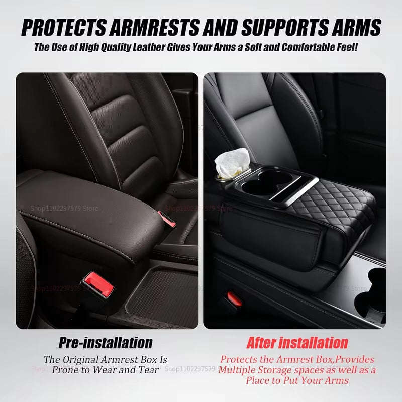 Car Armrest Storage Box, Car Center Console Organizer, Armrest Heightening Cushion with Cup Holder Armrest Storage Organizer Box