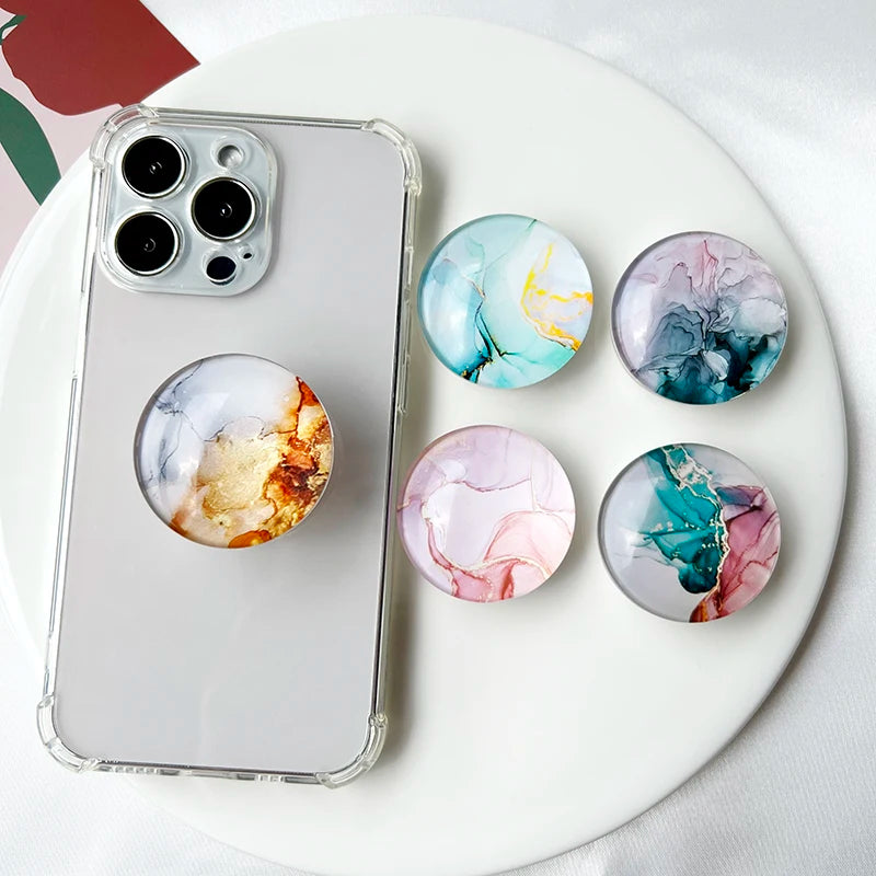 Marble Pattern Crystal Glass Phone Holder Foldable Mobile Phone Socket Crystal Glass Phone Grips