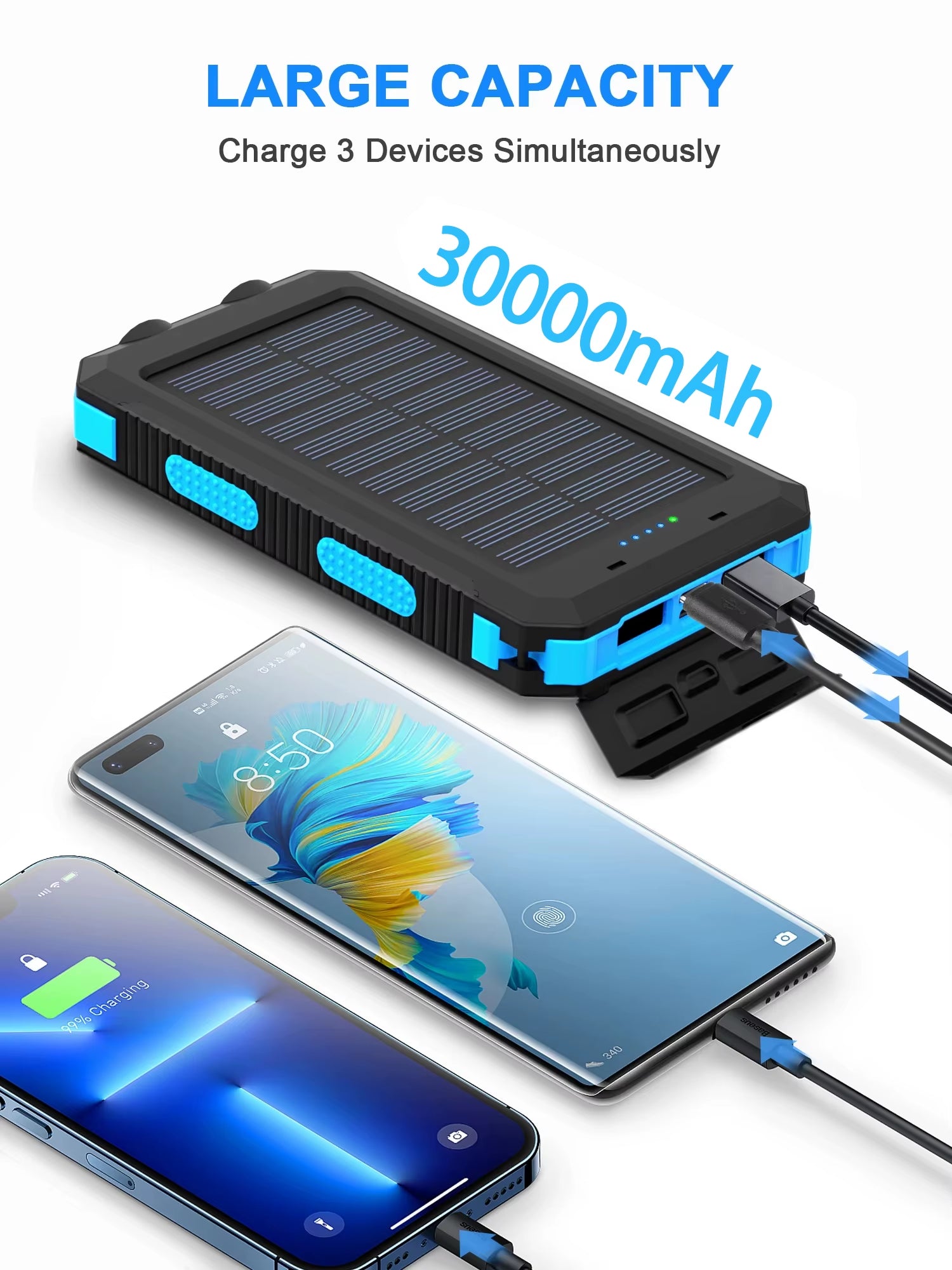 30000Mah Solar Power Bank Dual USB Travel Large Capacity LED Lighting Outdoor Waterproof Power Bank Camping Spare Power