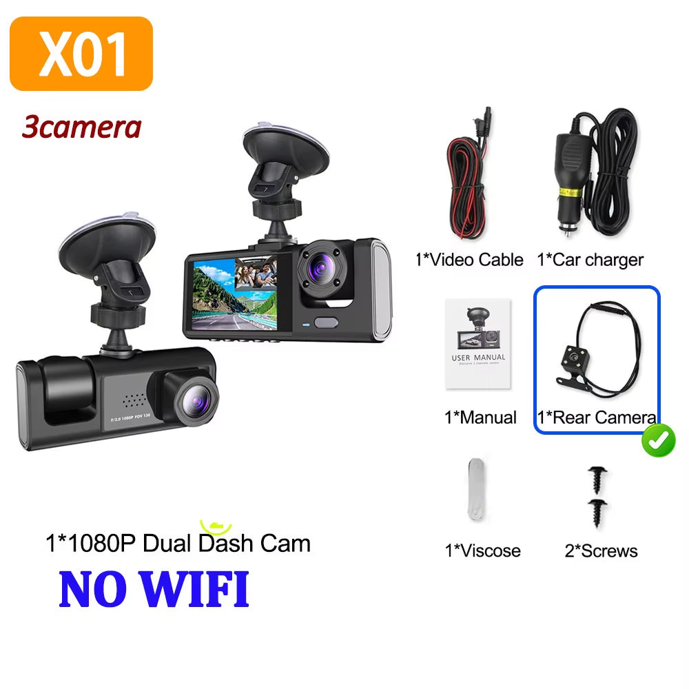 3Camera Dash Cam for Car Camera 1080P Video Recorder WIFI Car DVR 2Lens Front Rear View Camera Night Vision Car Accessories