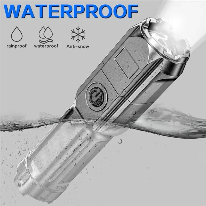 Portable USB Rechargeable LED Flashlight with Focusing Lens, Waterproof Design for Outdoor and Home Use