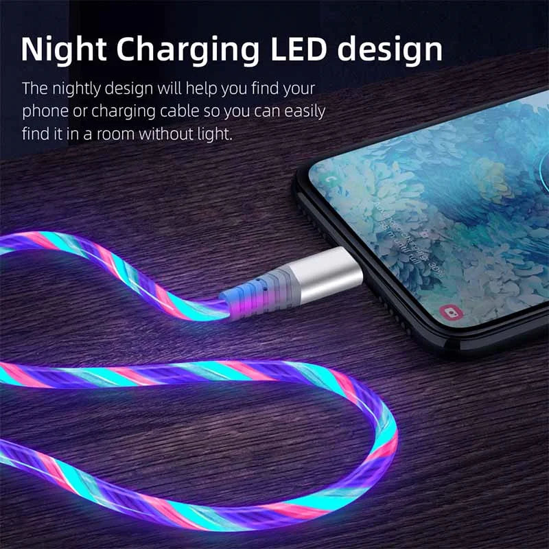 Flow Luminous USB Type-C Fast Charging Data Cable - 3A Compatible with Samsung, Xiaomi, OPPO, Huawei, and iPhone, with LED Indicator