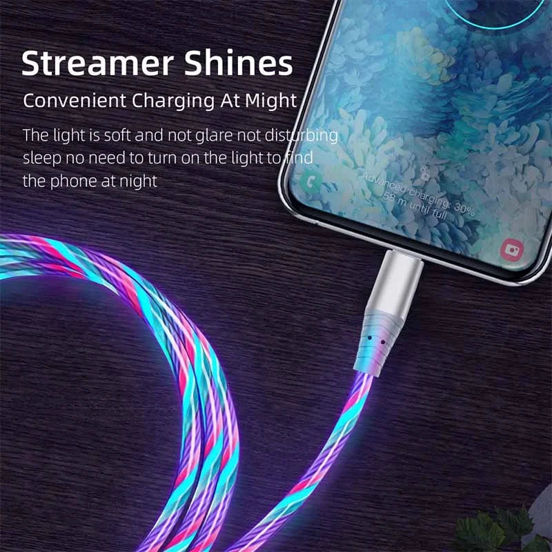 Flow Luminous USB Type-C Fast Charging Data Cable - 3A Compatible with Samsung, Xiaomi, OPPO, Huawei, and iPhone, with LED Indicator