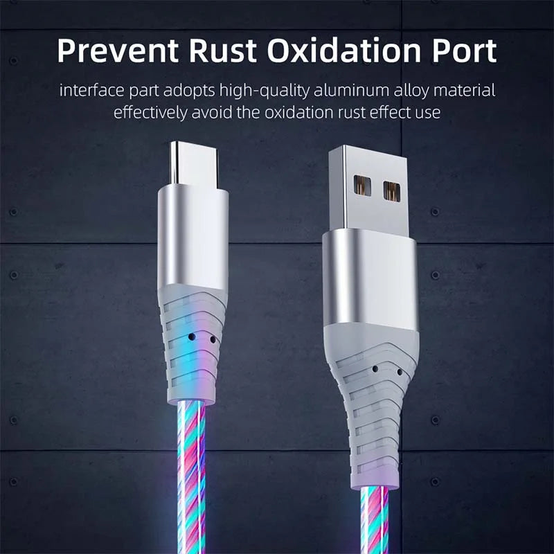 Flow Luminous USB Type-C Fast Charging Data Cable - 3A Compatible with Samsung, Xiaomi, OPPO, Huawei, and iPhone, with LED Indicator