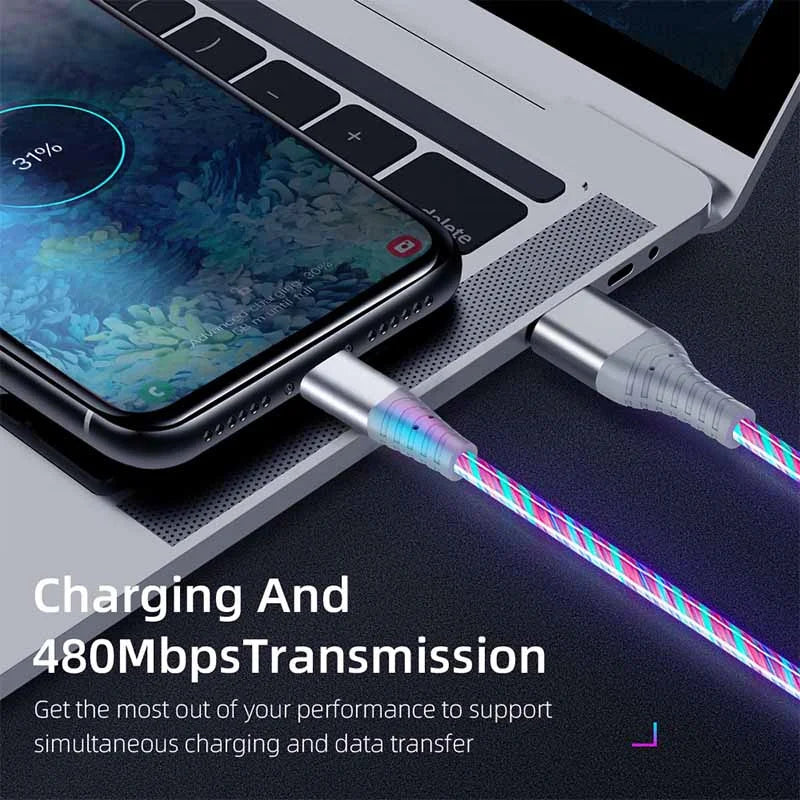 Flow Luminous USB Type-C Fast Charging Data Cable - 3A Compatible with Samsung, Xiaomi, OPPO, Huawei, and iPhone, with LED Indicator