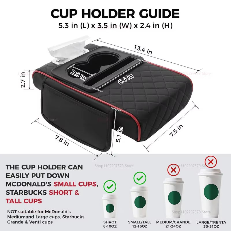 Car Armrest Storage Box, Car Center Console Organizer, Armrest Heightening Cushion with Cup Holder Armrest Storage Organizer Box