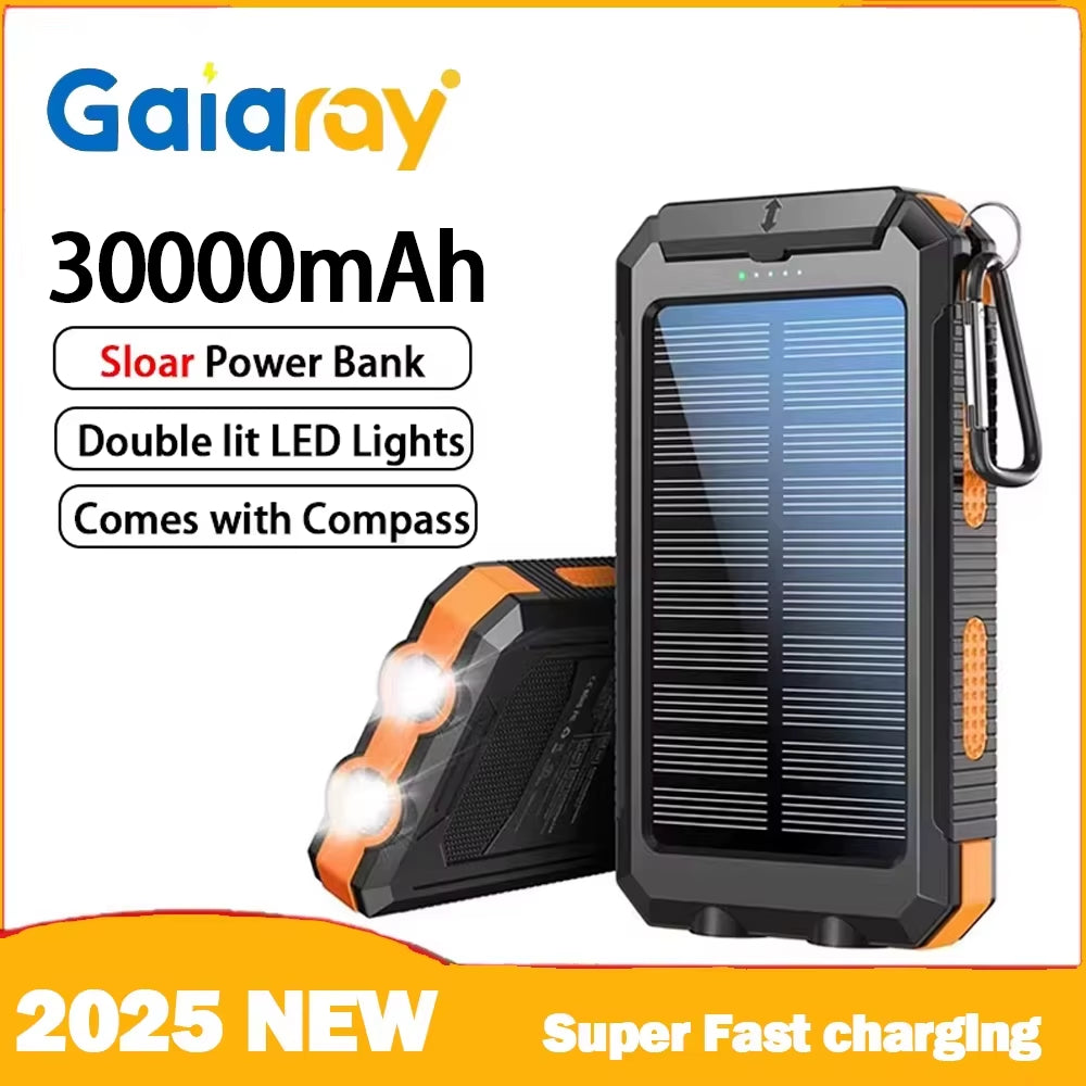 30000Mah Solar Power Bank Dual USB Travel Large Capacity LED Lighting Outdoor Waterproof Power Bank Camping Spare Power