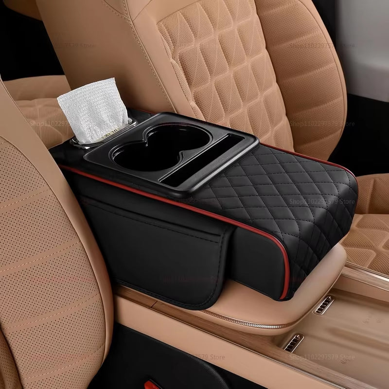 Car Armrest Storage Box, Car Center Console Organizer, Armrest Heightening Cushion with Cup Holder Armrest Storage Organizer Box